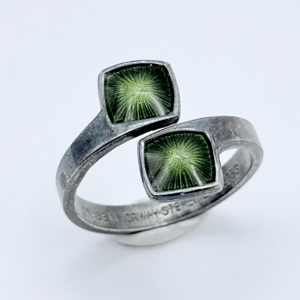Aksel Holmsen Enamel Norway Sterling Silver Ring - Vintage Green 925S Bypass